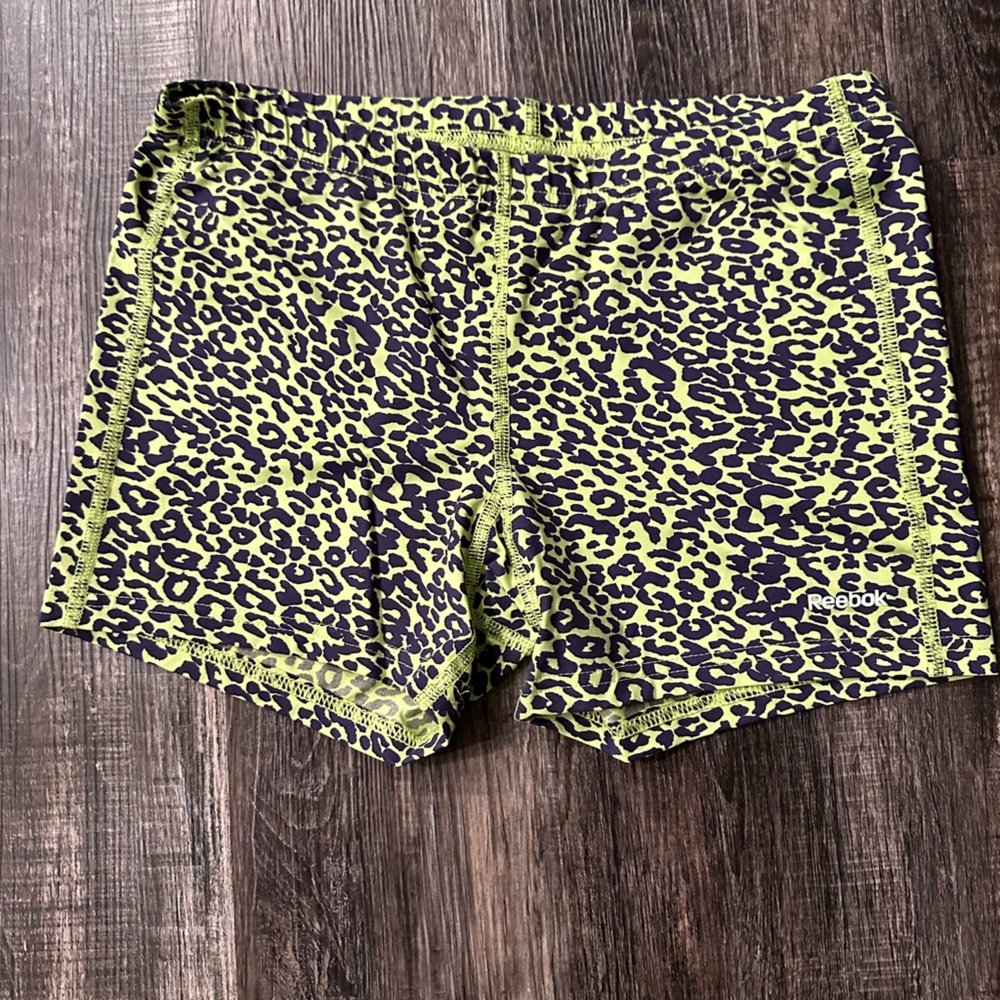 Reebok Green and Black Leopard Print Athletic Shorts